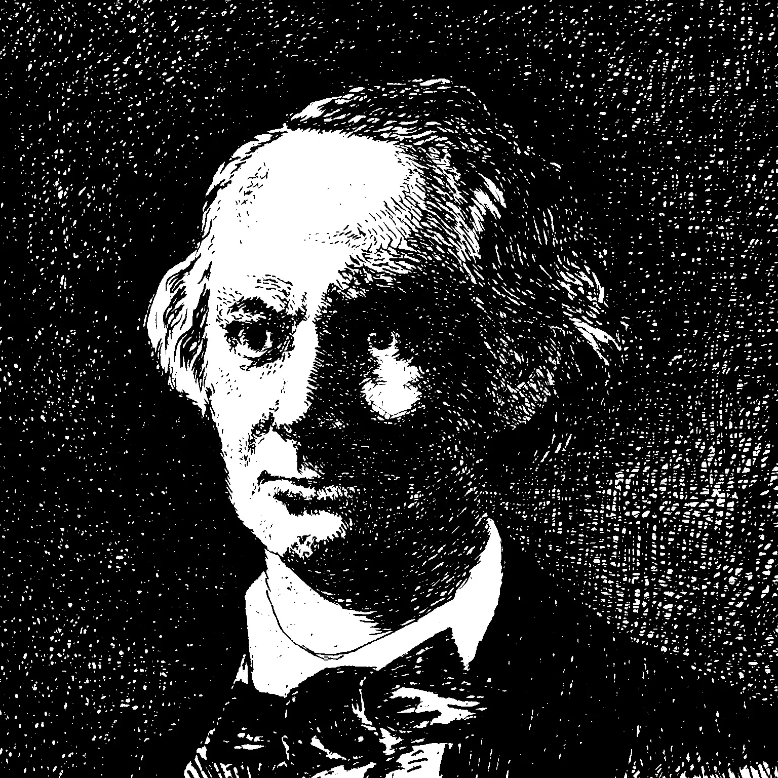 Emblem of Collectif Avant-Garde: engraved portrait, white on black